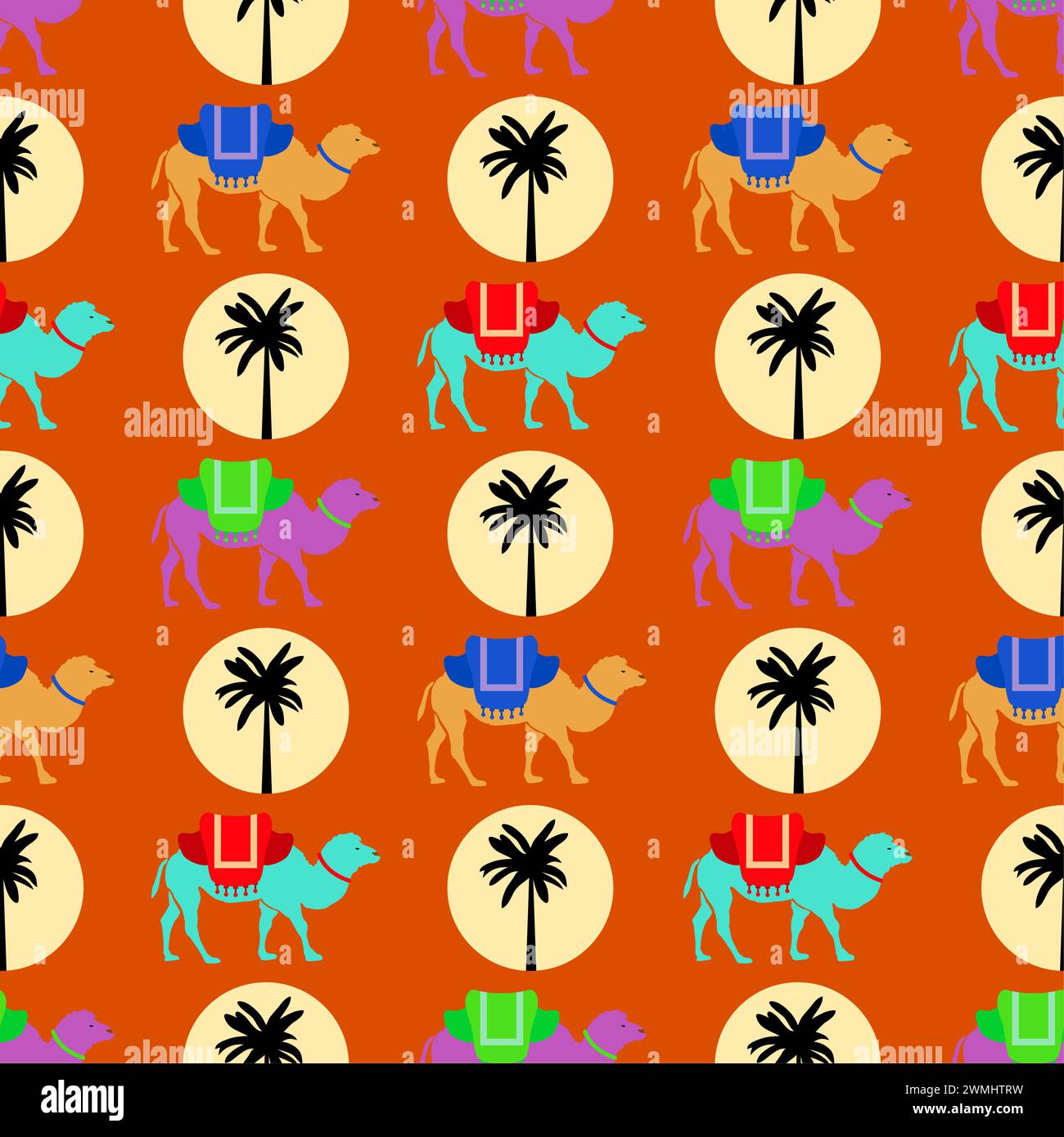 vecteur modèle sans couture avec chameaux, soleil et palmier. illustration de fond de chameau africain du désert, animal de pack pour papier ou tissu. couture textile Illustration de Vecteur