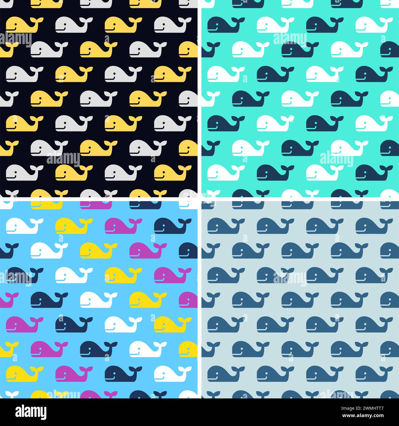 ensemble vectoriel de motifs sans couture de poisson de baleine. dessin simple de baleines colorées heureuses sans vagues de mer. illustration de la vie marine Illustration de Vecteur