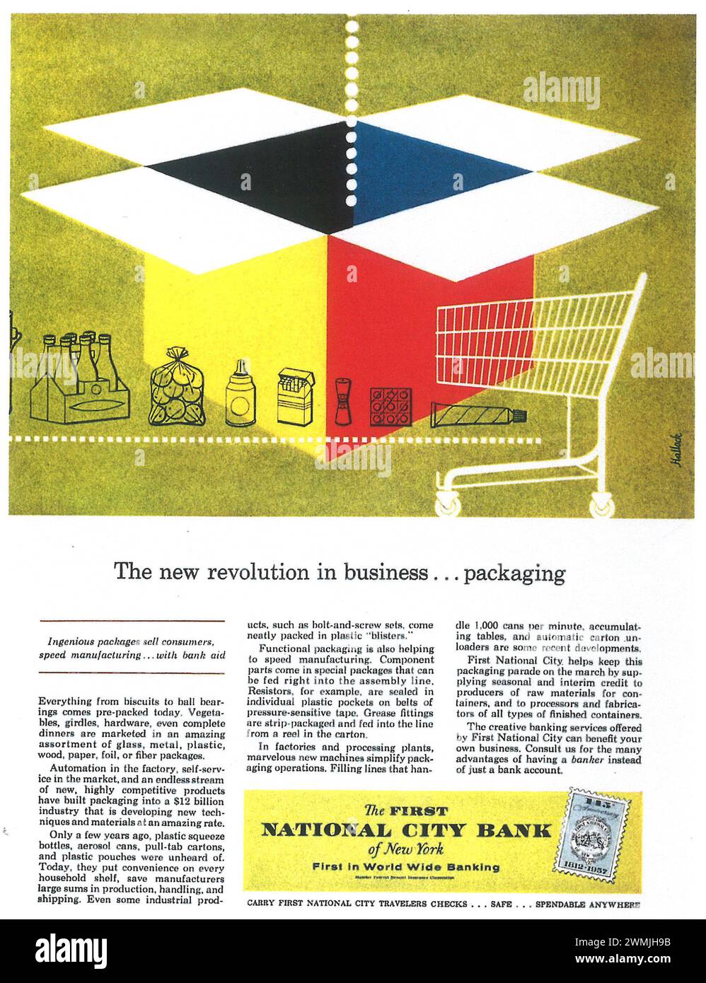 1950s First National City Bank of New York Print ad. « Une nouvelle révolution dans l'emballage professionnel. » Banque D'Images