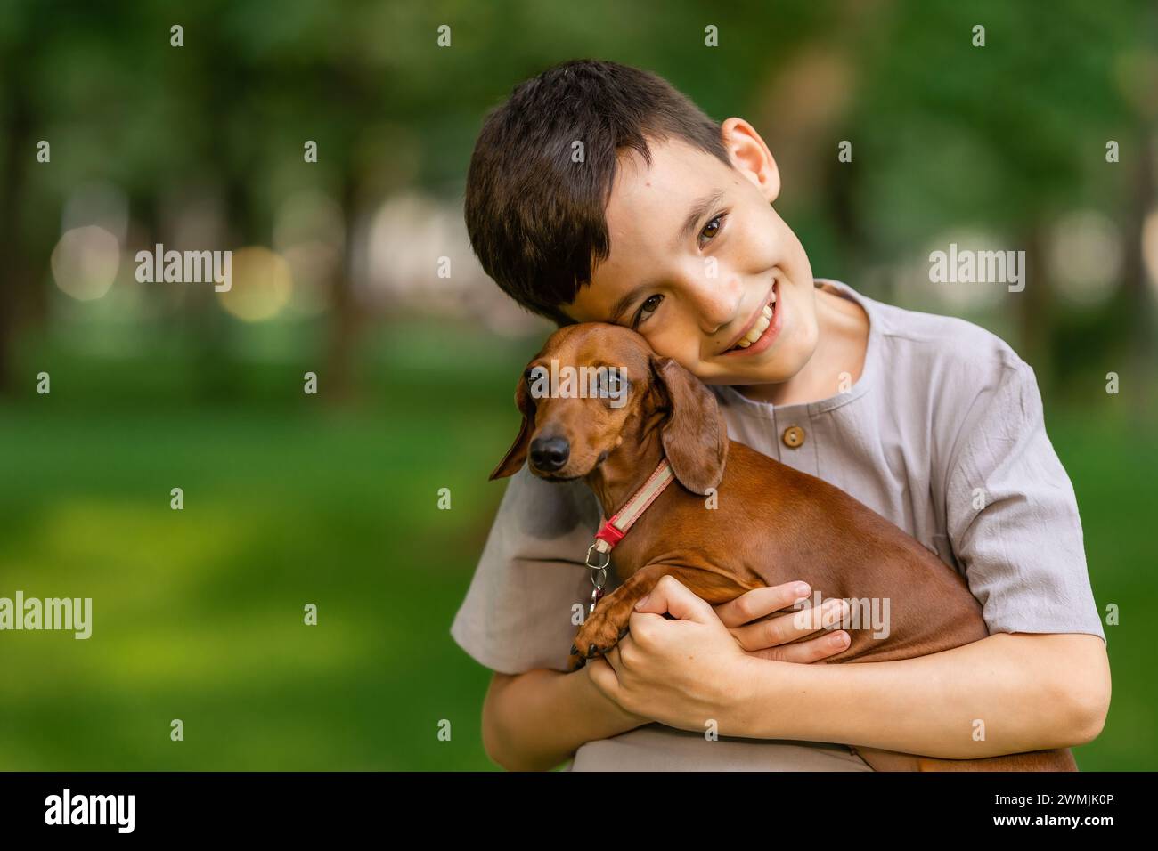 mignon garçon tient un chien teckel dans ses bras pendant une promenade estivale. Photo de haute qualité Banque D'Images