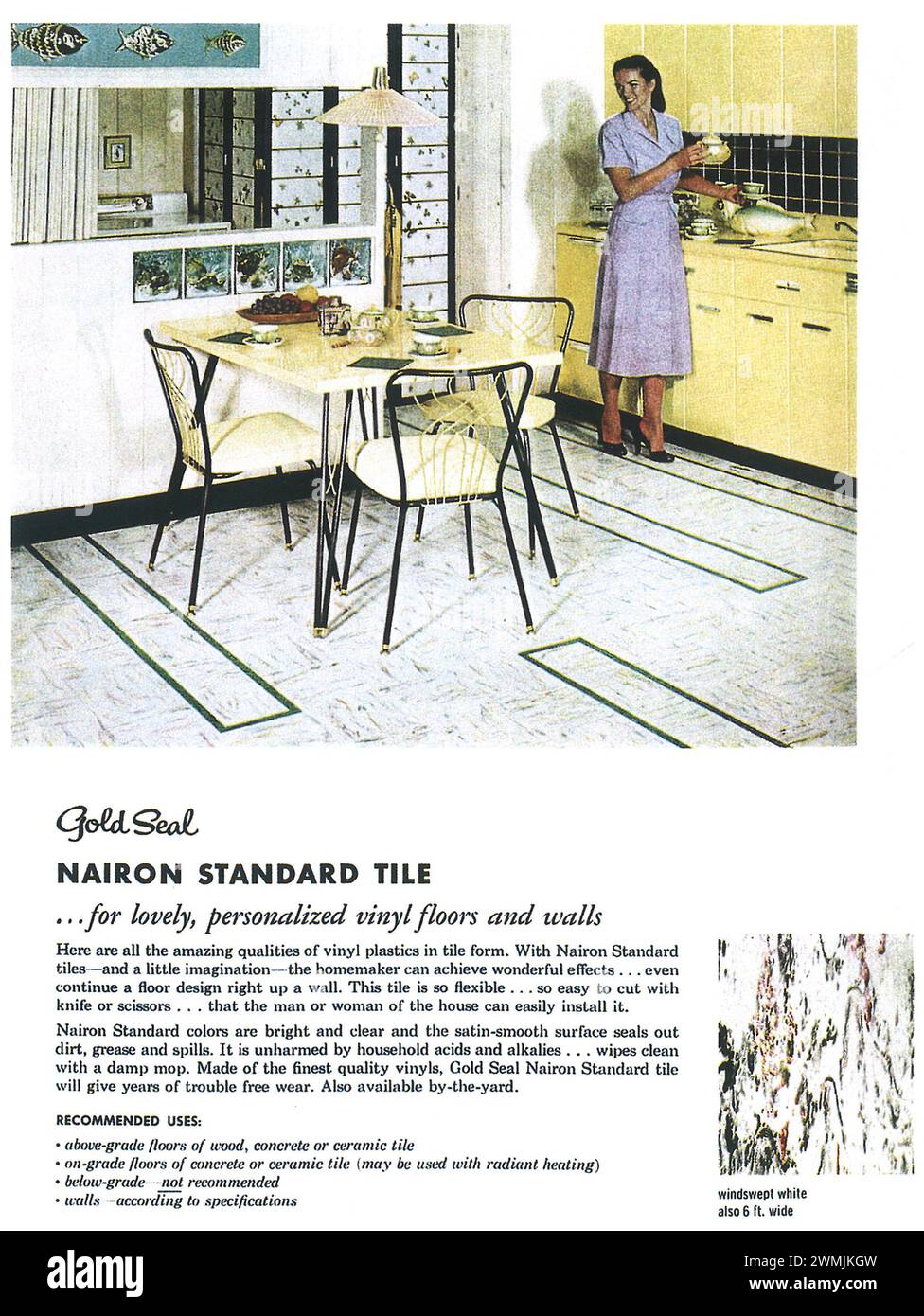 Publicité imprimée sur carreaux standard Nairon avec sceau d'or des années 1950 Banque D'Images