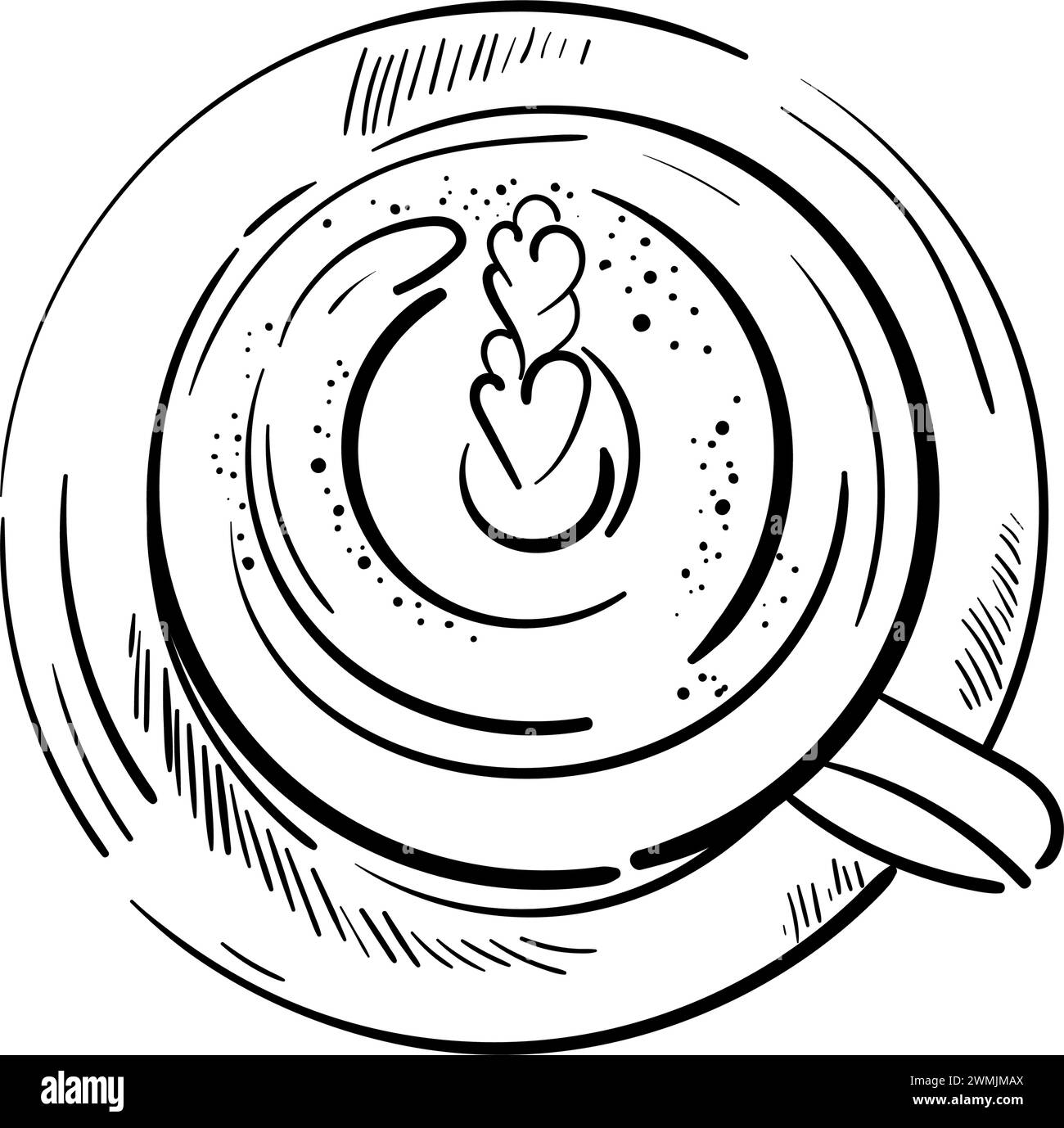 Service à café. Tasse de café tirée à la main par le dessus. vue de dessus d'une tasse de cappuccino ou de latte. Icône vectorielle gravée. Boisson fraîche du matin. Pour le restaurant café m Illustration de Vecteur Service à café. Tasse de café tirée à la main par le dessus. vue de dessus d'une tasse de cappuccino ou de latte. Icône vectorielle gravée. Boisson fraîche du matin. Pour le restaurant café m Illustration de Vecteur