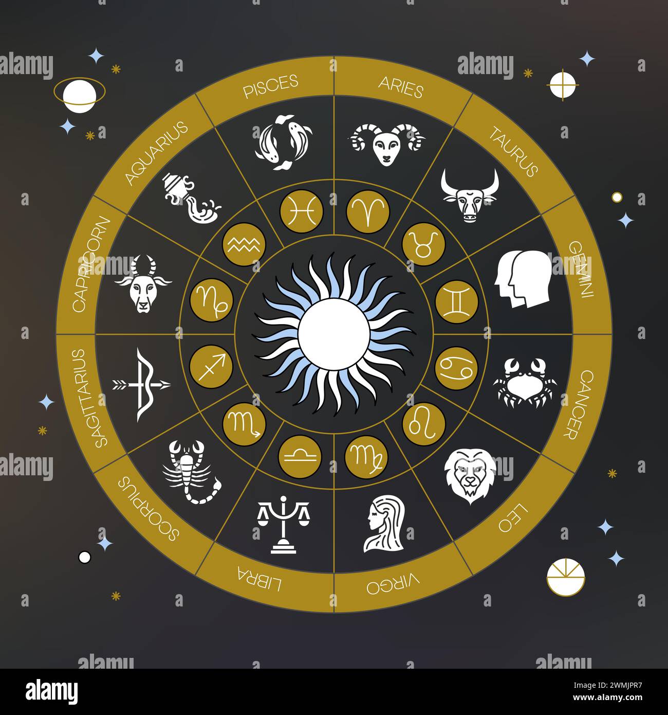 Horoscope Gold Sky Zodiac signes Illustration de Vecteur