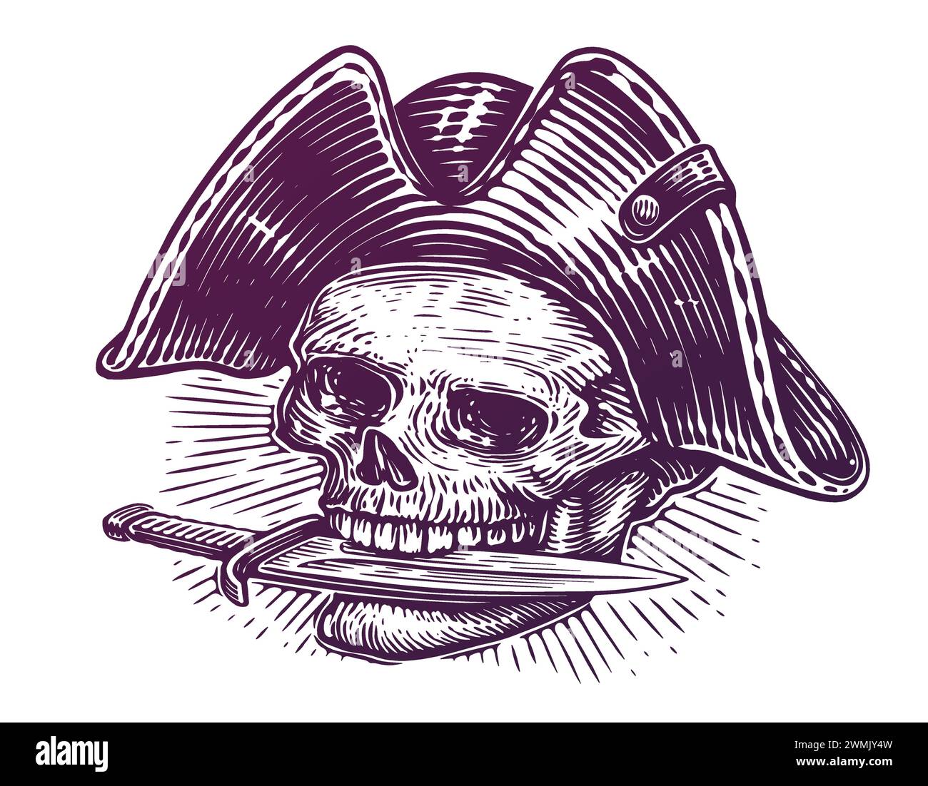 Crâne de pirate en chapeau avec cutlass dans les dents. Illustration dessinée à la main dans le style de gravure vintage Illustration de Vecteur