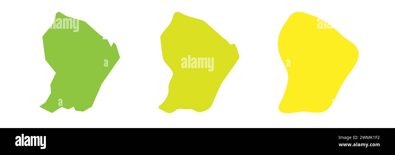 Contour noir Guyane française et silhouettes de pays colorées dans trois niveaux différents de douceur. Cartes simplifiées. Icônes vectorielles isolées sur fond blanc. Illustration de Vecteur