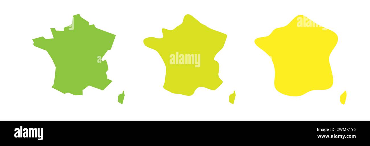 Contour noir pays France et silhouettes pays colorées dans trois niveaux différents de douceur. Cartes simplifiées. Icônes vectorielles isolées sur fond blanc. Illustration de Vecteur