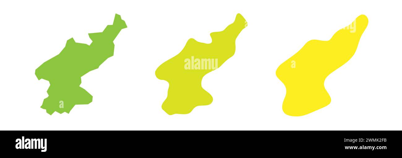 Contour noir de pays de Corée du Nord et silhouettes de pays colorées dans trois niveaux différents de douceur. Cartes simplifiées. Icônes vectorielles isolées sur fond blanc. Illustration de Vecteur