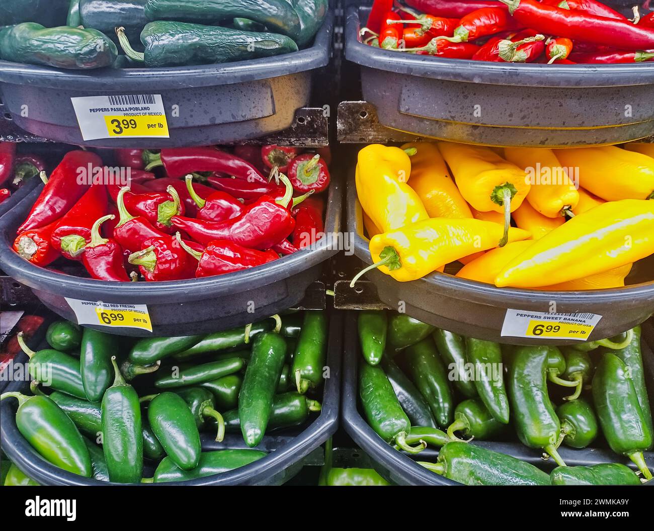 Assortiment de piments chauds colorés dans un marché traditionnel de légumes à Houston, au Texas. Jalapeno, poivre de banane douce, Poblano et Fresno rouge affiché. Banque D'Images