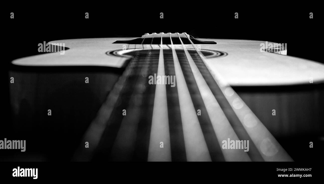 Gros plan noir et blanc du cou, des cordes et du dessus d'une guitare acoustique à cordes en acier Banque D'Images