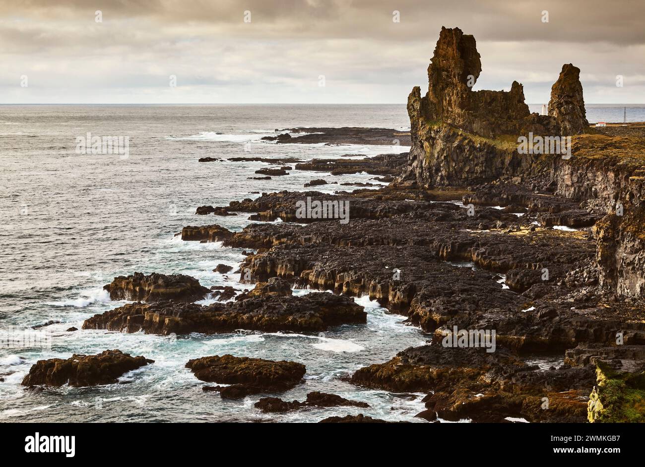 Roches de Londranger dans le parc national de Snaefellsjokull, péninsule de Snaefellsnes, côte ouest de l'Islande ; Islande Banque D'Images