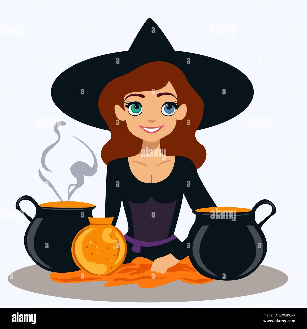 Une petite belle sorcière avec des yeux multicolores dans un chapeau prépare des potions. Illustration de Vecteur
