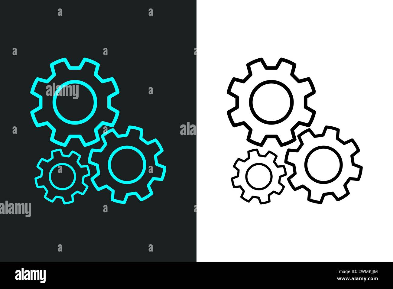 Icône de ligne de roue d'engrenages, symbole de métal de roue ronde, vecteur de coopération de connexion de support d'engrenage. Illustration de Vecteur