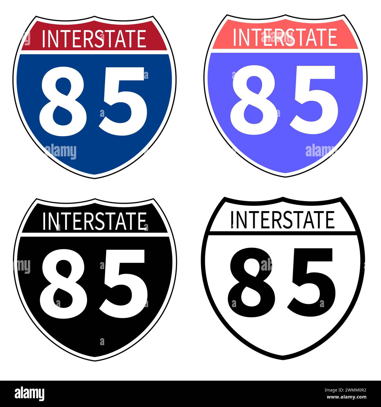 Icône de la route Interstate 85. Panneau routier de l'Interstate Highway 85. Symbole routier noir de l'Interstate 85. style plat. Banque D'Images
