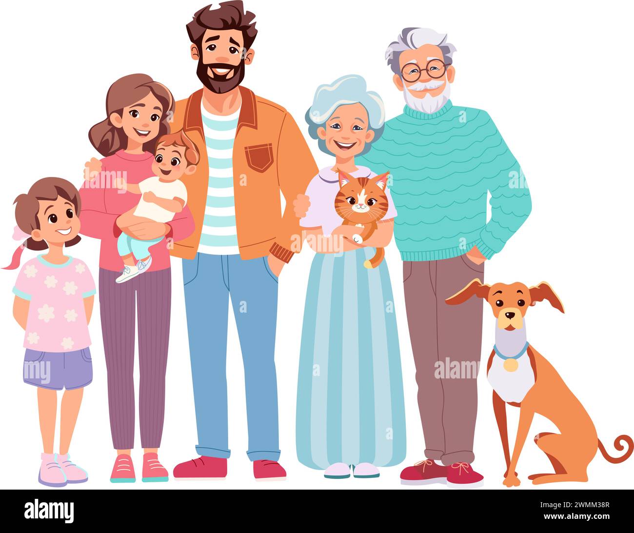 Heureuse grande famille. Grands-parents avec animal de compagnie, mère avec petit bébé, père et fille debout ensemble. Illustration vectorielle plate Illustration de Vecteur