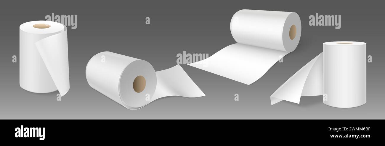 Maquette de papier toilette blanc ou de rouleau de papier hygiénique. Ensemble vectoriel réaliste de serviette de cuisine avec tube de cylindre de bobine de carton debout et couché isolé sur fond gris. Rouleau de serviette blanche pour toilettes. Illustration de Vecteur