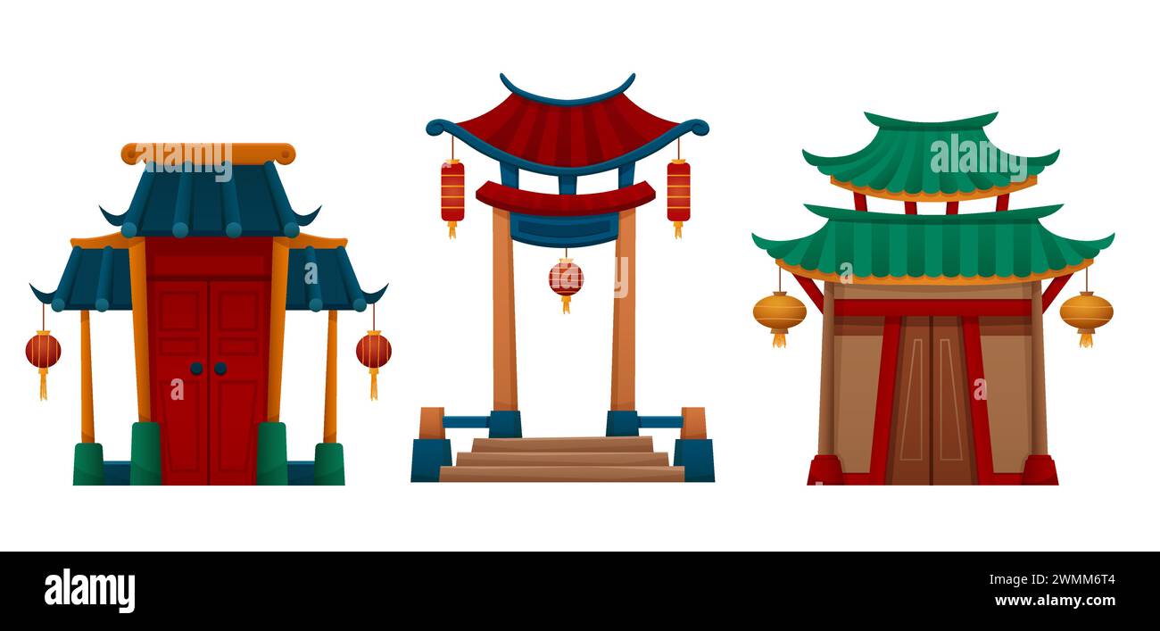 Maison chinoise traditionnelle ou porte de temple avec toit, escaliers et lanternes. Ensemble d'illustration vectorielle de dessin animé de porte d'arc de bâtiment oriental. Pavillon asiatique entrée antique avec décoration classique. Illustration de Vecteur