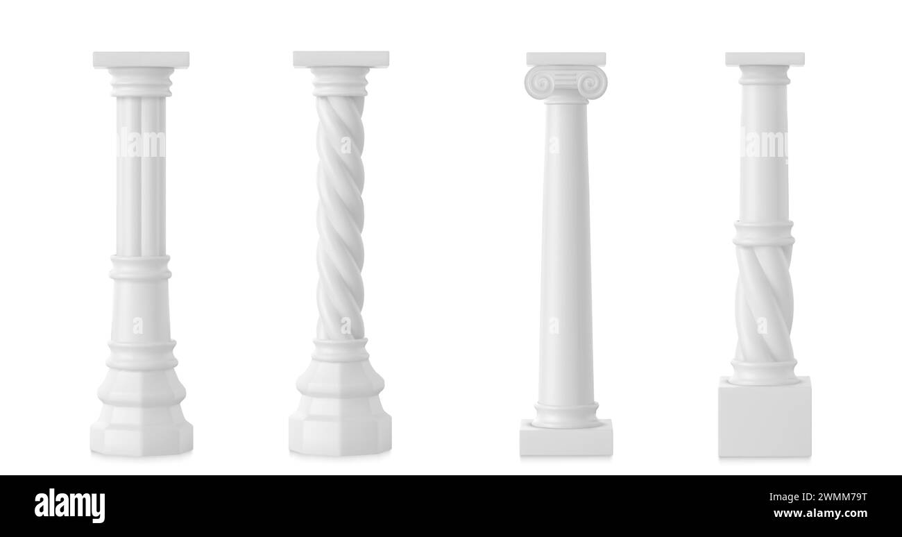 Ancienne colonne romaine en argile blanche. Ensemble réaliste d'illustration vectorielle 3d de pilier en pierre grecque du bâtiment du temple. Colonnade en marbre antique pour la conception de façade décorative de construction historique. Illustration de Vecteur