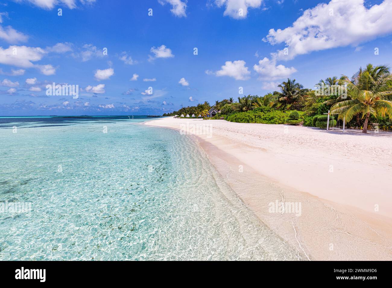 Belle plage et mer tropicale. Magnifique nature de plage, paysages des Maldives, vue parfaite sur le paysage exotique, sable blanc et ciel bleu. Complexe de luxe Banque D'Images