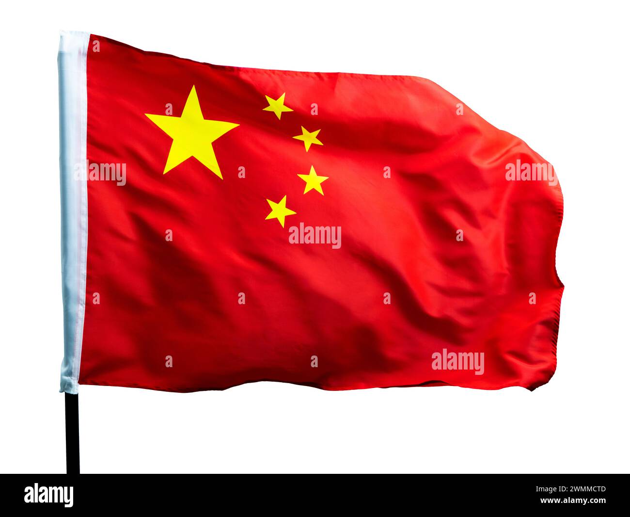 Drapeau chinois sur le poteau ondulant dans le vent sur fond blanc Banque D'Images
