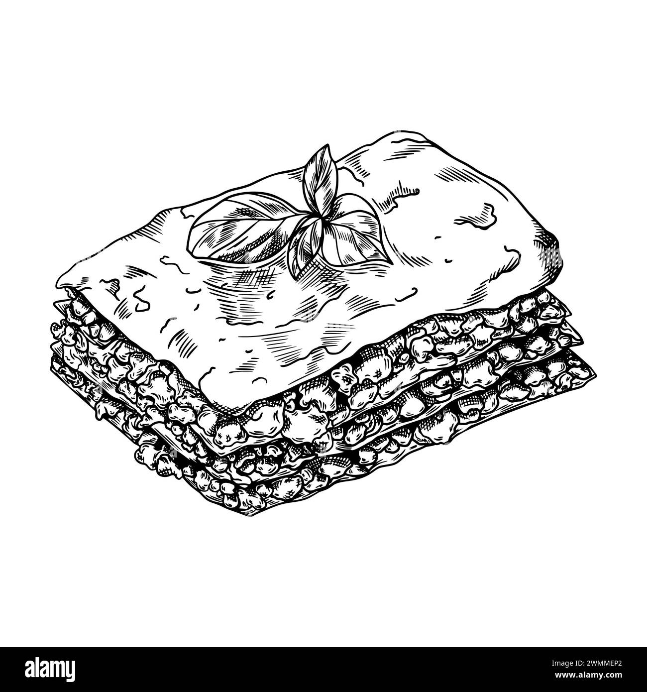 Lasagne dessin à la main dessin de nourriture illustration fond blanc Banque D'Images