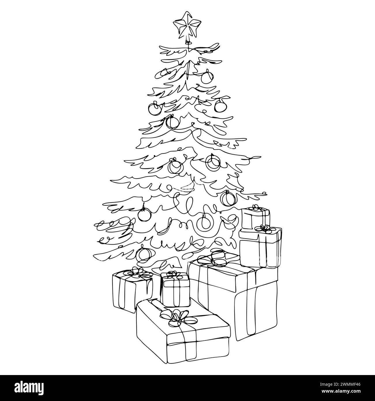 Arbre de Noël d'une ligne avec boîtes-cadeaux ligne continue dessin fond blanc Banque D'Images