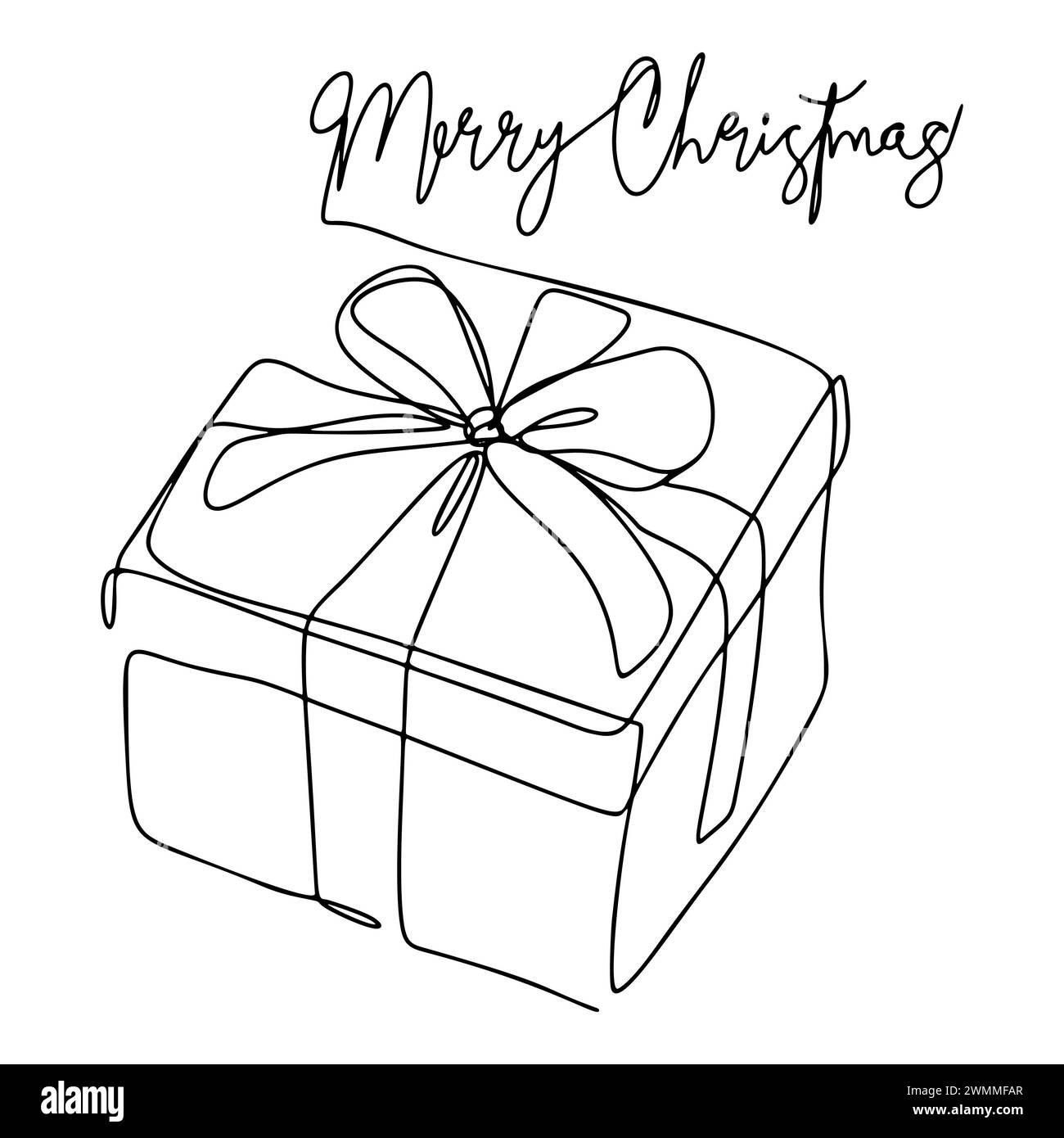One Line Gift Merry Christmas Lettering ligne continue dessin fond blanc Banque D'Images