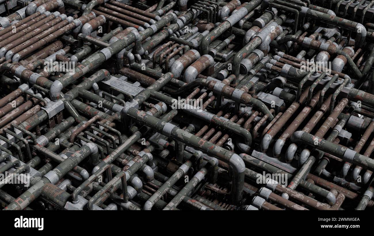 Un réseau complexe de tuyaux industriels crée un maillage labyrinthique, un vaste système mécanique Banque D'Images