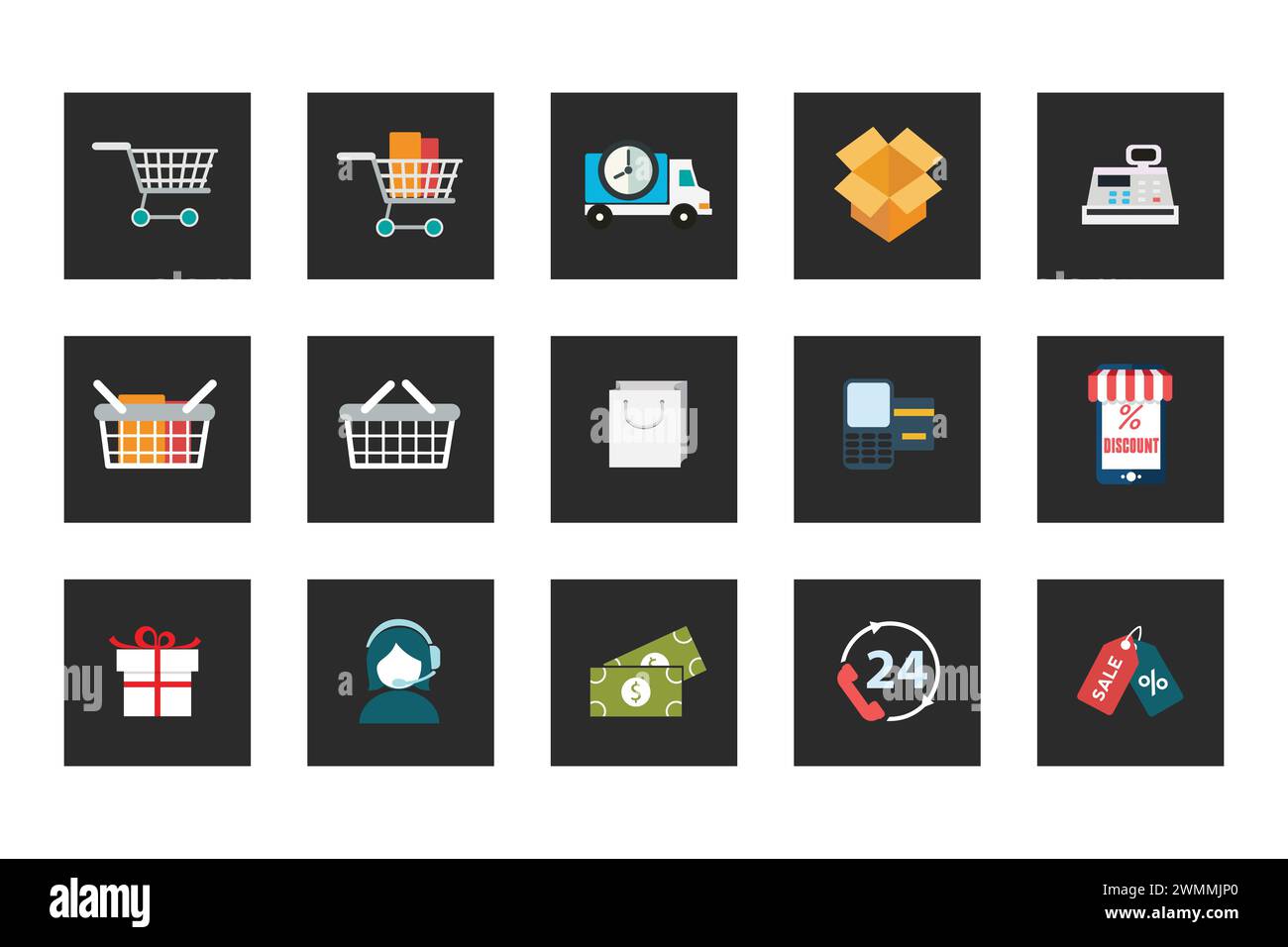 Collection vectorielle d'icônes d'optimisation de commerce électronique plates colorées avec de la couleur. Eléments de conception pour applications mobiles et web. Illustration de Vecteur