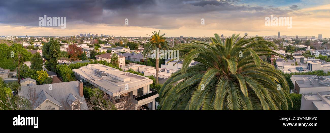 Ville de Los Angeles ciel nuageux au coucher du soleil, palmiers au premier plan, panorama du centre-ville en arrière-plan. Banque D'Images