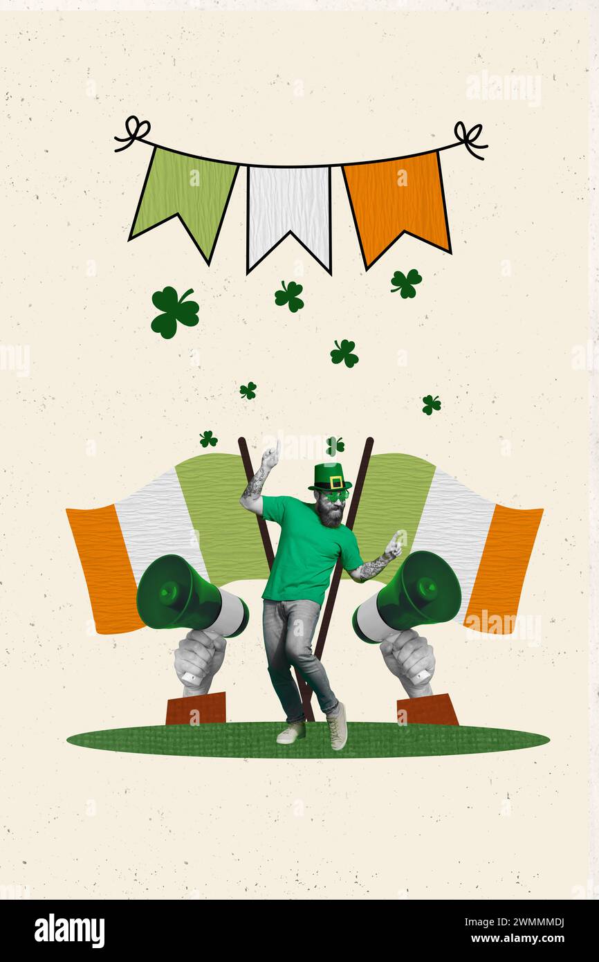 Collage de bannière d'image de joyeuse danse d'homme d'âge moyen célébrer l'irlande St Patrics Day isolé sur fond peint Banque D'Images