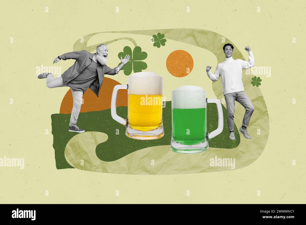 Image de bannière de collage de personnes souriantes insouciantes ont du plaisir disco énorme tasse de bière célébrer St patcrick jour isolé sur fond de dessin Banque D'Images