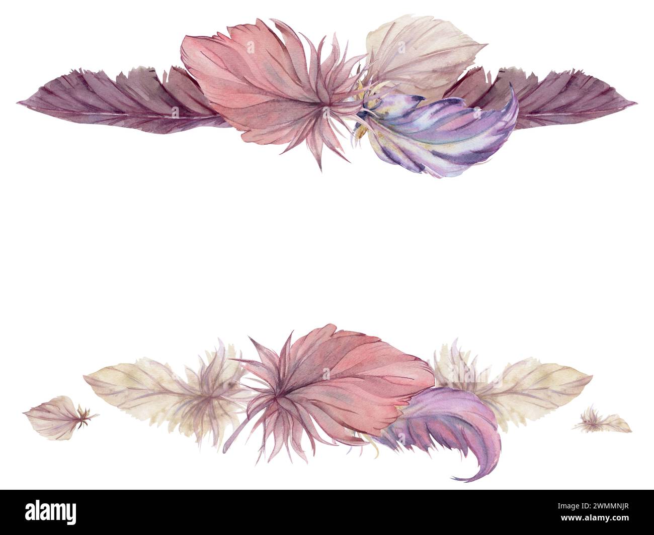 Aquarelle dessinée à la main plume d'oiseau plume plume Quill boho tribal ethnique indien violet. Cadre horizontal isolé sur fond blanc. Design charme, amulette Banque D'Images