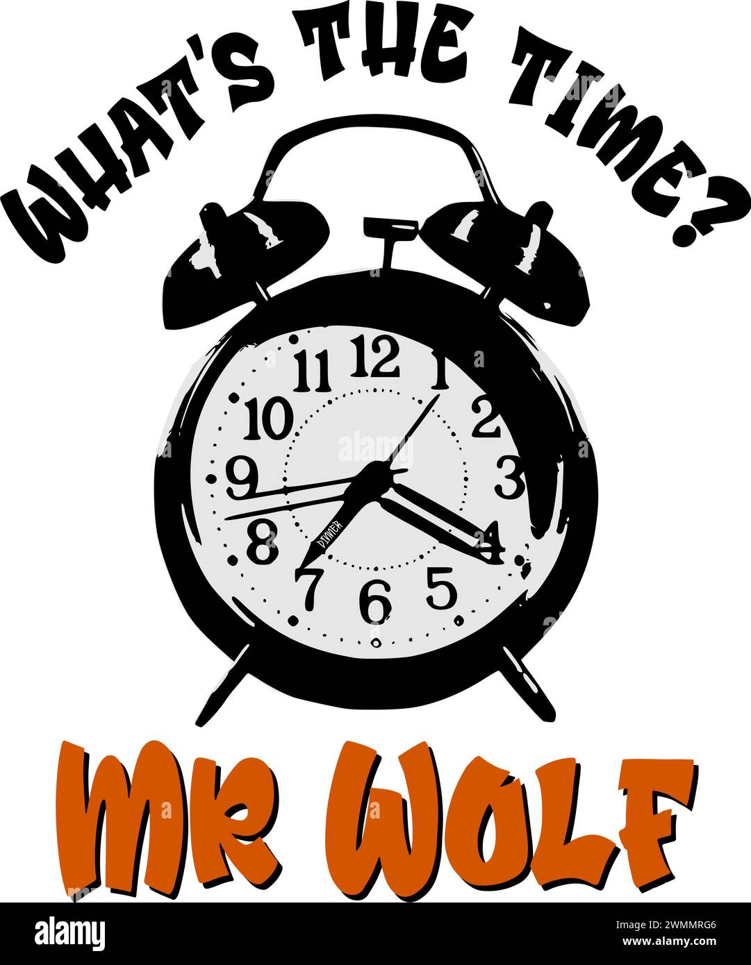 Une illustration d'horloge de chevet vintage avec deux cloches au sommet et des poignées traditionnelles pour le réglage de l'heure. avec slogan quelle est l'heure mr wolf Illustration de Vecteur