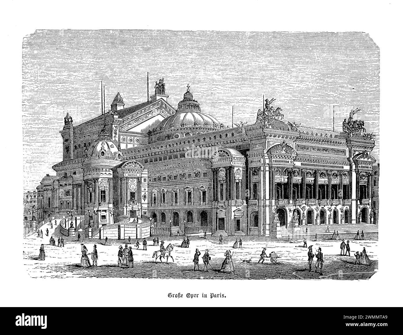 Le Palais Garnier à Paris, également connu sous le nom d'Opéra Garnier, est une merveille architecturale et un emblème du riche patrimoine culturel de la ville. Construit de 1861 à 1875 pour l'Opéra de Paris par l'architecte Charles Garnier, il est un chef-d'œuvre du style Beaux-Arts, mêlant éléments classiques et baroques. La vue de face latérale du Palais Garnier révèle sa magnifique façade ornée de sculptures complexes, de colonnes et de frises, mettant en valeur l’opulence et la grandeur du second Empire. Son extérieur sophistiqué, orné de frises de marbre, de sculptures en bronze et de statues dorées Banque D'Images