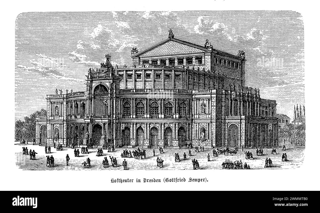 Le Semperoper de Dresde, du nom de son architecte Gottfried Semper, est un magnifique opéra qui symbolise la résilience et la richesse culturelle de la ville. Reconstruit deux fois en raison des incendies et des destructions de guerre, le bâtiment actuel, achevé en 1985, reproduit fidèlement le design original de Semper de 1841, mettant en valeur l'opulence et la grandeur du style néo-baroque. L'extérieur du Semperoper se distingue par ses sculptures complexes, ses colonnes grandioses et le dôme frappant qui couronne l'édifice, tandis que son intérieur présente des décorations somptueuses, y compris le velours somptueux, gil Banque D'Images