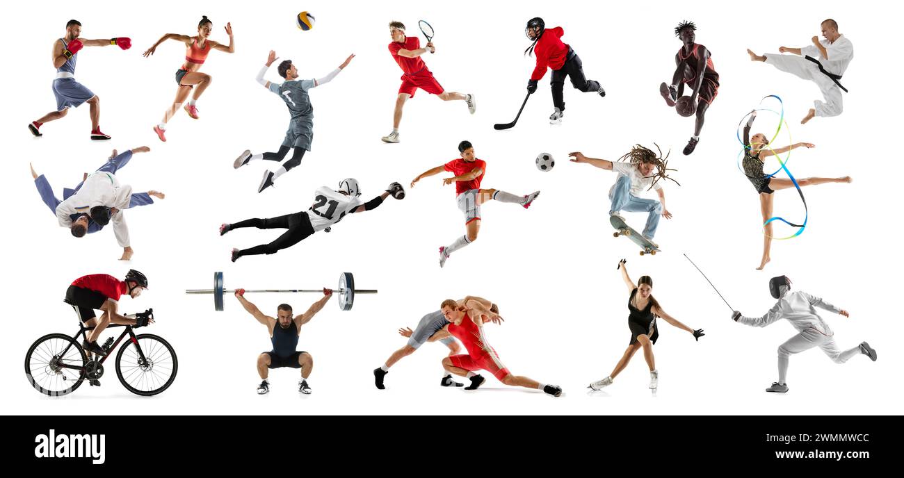 Sports collectifs et individuels. Collage fait de portraits différents sportifs de formation en mouvement sur fond blanc de studio. Banque D'Images