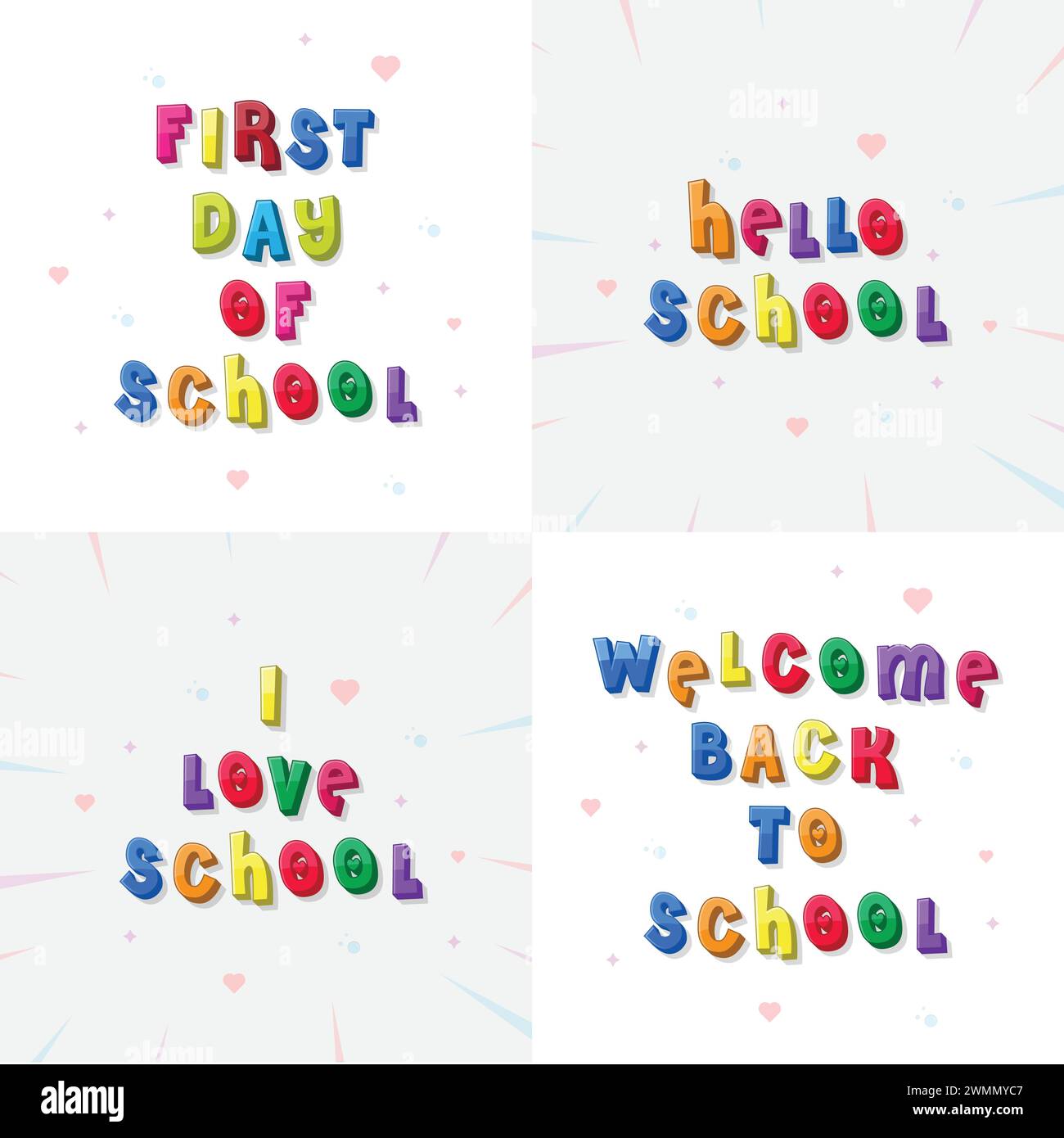 Texte coloré, bienvenue à l'école, bonjour à l'école, j'adore l'école, premier jour d'école Illustration de Vecteur