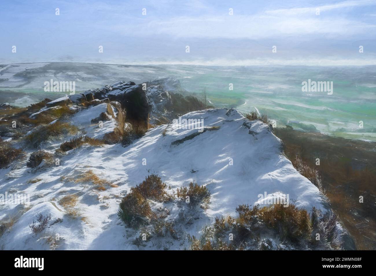 Une peinture à l'huile numérique d'un paysage rural hivernal chez les cafards dans le parc national de Peak District, Staffordshire, Angleterre, Royaume-Uni. Banque D'Images