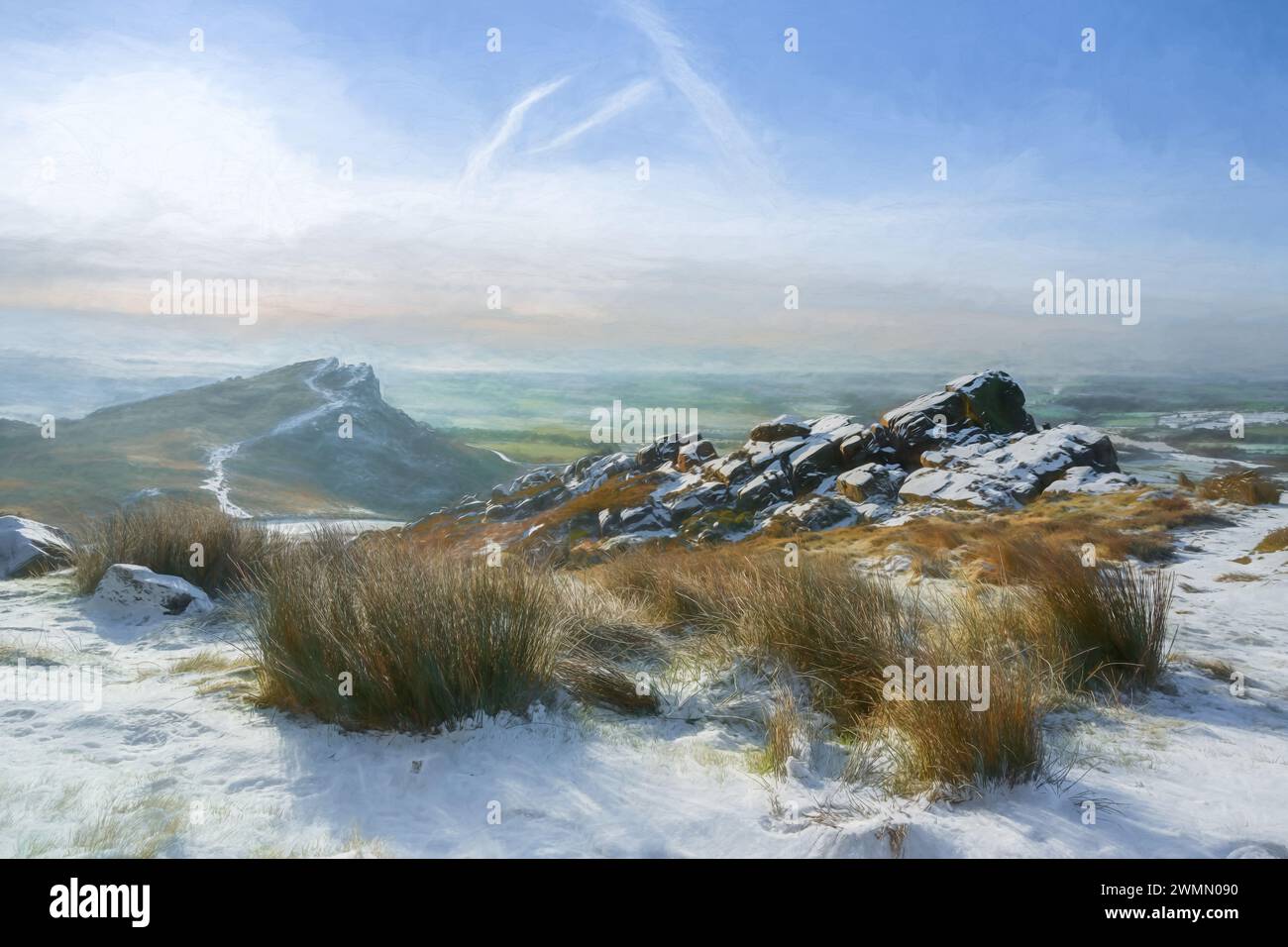 Une peinture à l'huile numérique d'un paysage rural hivernal chez les cafards dans le parc national de Peak District, Staffordshire, Angleterre, Royaume-Uni. Banque D'Images