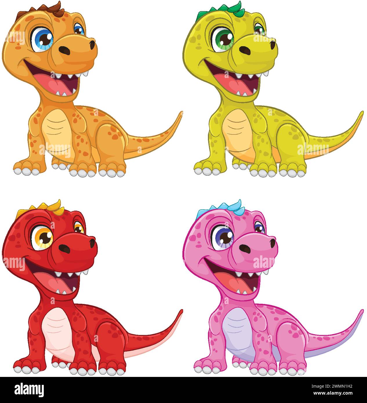 Quatre dinosaures joyeux aux couleurs vives souriantes. Illustration de Vecteur