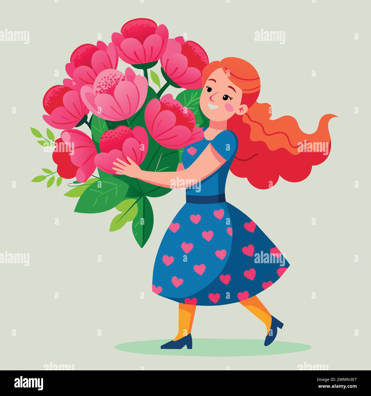 Journée des femmes Une fille dans une robe tient un énorme bouquet de pions Illustration de Vecteur