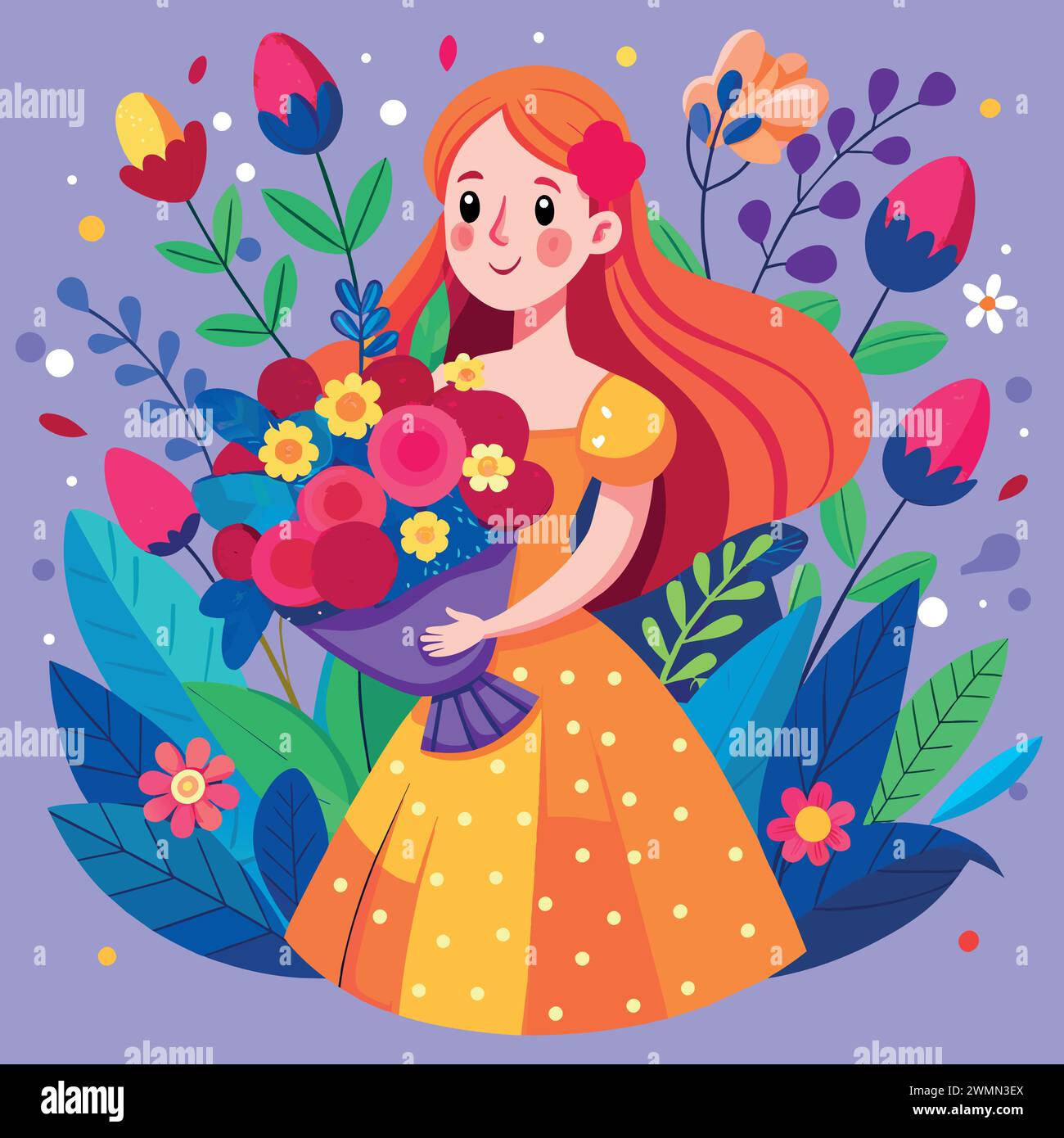 Journée des femmes Une fille dans une robe tient un bouquet énorme dans sa main Illustration de Vecteur