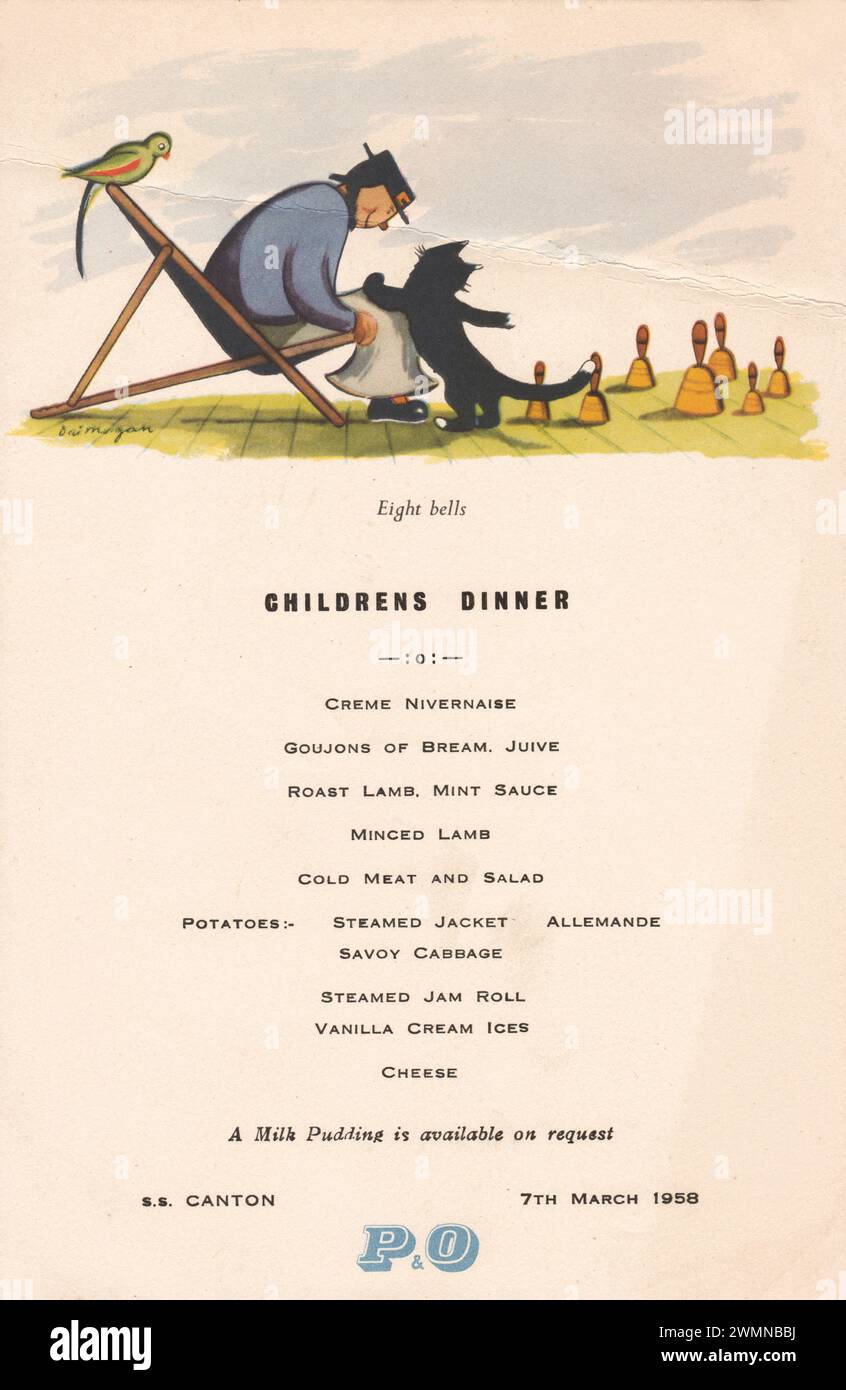 Menu du dîner pour enfants du S.S. Canton, croisière P&O vintage Ocean Liner Steamship en 1958. Banque D'Images