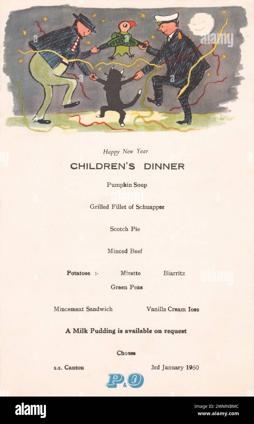 Croisière P&O vintage Ocean Liner Steamship pour enfants menu du dîner de bonne année du SS Canton en 1960. Banque D'Images