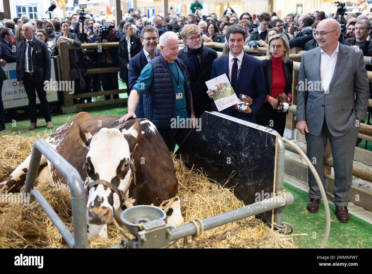 Paris, France. 27 février 2024. Le premier ministre français Gabriel Attal accueille la vache normande 'Oreillette' de l'éleveur français François Foucault comme vice-ministre de l'Agriculture et de la souveraineté alimentaire de la France, Agnes Pannier-Runacher, Marc Fesneau, ministre français de l'Agriculture et de la souveraineté alimentaire, et Jean-Luc Poulain, président de la SIA, s'en retrouvent lors de sa visite au 60e salon de l'Agriculture (SIA - salon de l'Agriculture), au parc des expositions de la porte de Versailles à Paris, le 27 février 2024. Photo de Raphael Lafargue/ABACAPRESS.COM crédit : Abaca Press/Alamy Live News Banque D'Images