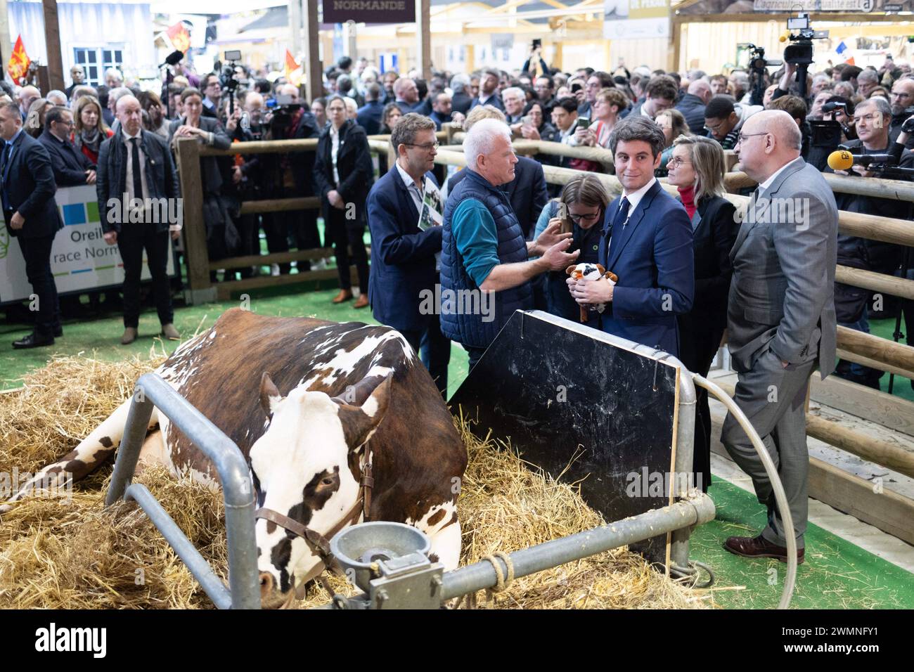 Paris, France. 27 février 2024. Le premier ministre français Gabriel Attal accueille la vache normande 'Oreillette' de l'éleveur français François Foucault comme vice-ministre de l'Agriculture et de la souveraineté alimentaire de la France, Agnes Pannier-Runacher, Marc Fesneau, ministre français de l'Agriculture et de la souveraineté alimentaire, et Jean-Luc Poulain, président de la SIA, s'en retrouvent lors de sa visite au 60e salon de l'Agriculture (SIA - salon de l'Agriculture), au parc des expositions de la porte de Versailles à Paris, le 27 février 2024. Photo de Raphael Lafargue/ABACAPRESS.COM crédit : Abaca Press/Alamy Live News Banque D'Images