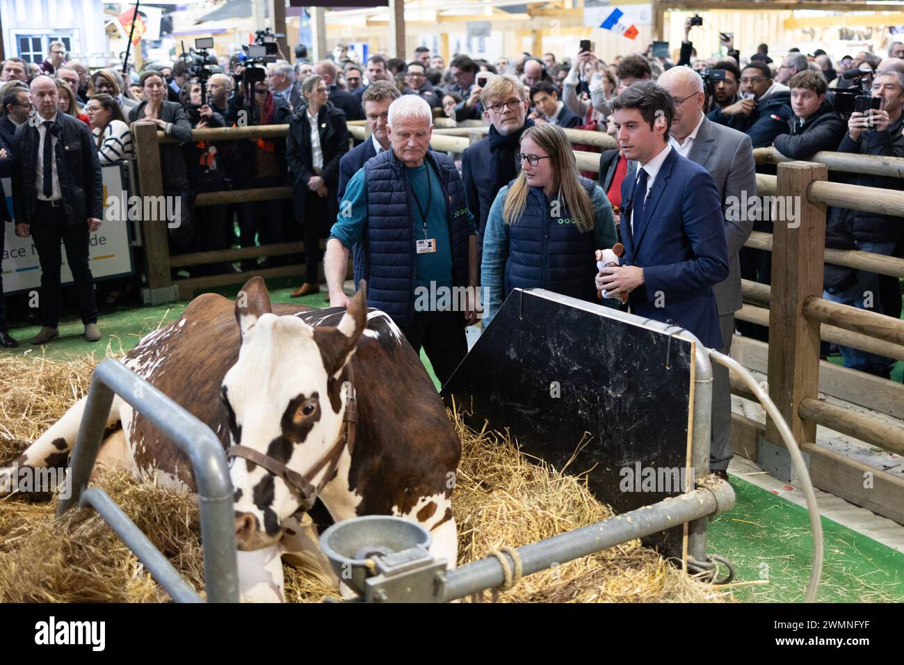 Paris, France. 27 février 2024. Le premier ministre français Gabriel Attal accueille la vache normande 'Oreillette' de l'éleveur français François Foucault comme vice-ministre de l'Agriculture et de la souveraineté alimentaire de la France, Agnes Pannier-Runacher, Marc Fesneau, ministre français de l'Agriculture et de la souveraineté alimentaire, et Jean-Luc Poulain, président de la SIA, s'en retrouvent lors de sa visite au 60e salon de l'Agriculture (SIA - salon de l'Agriculture), au parc des expositions de la porte de Versailles à Paris, le 27 février 2024. Photo de Raphael Lafargue/ABACAPRESS.COM crédit : Abaca Press/Alamy Live News Banque D'Images