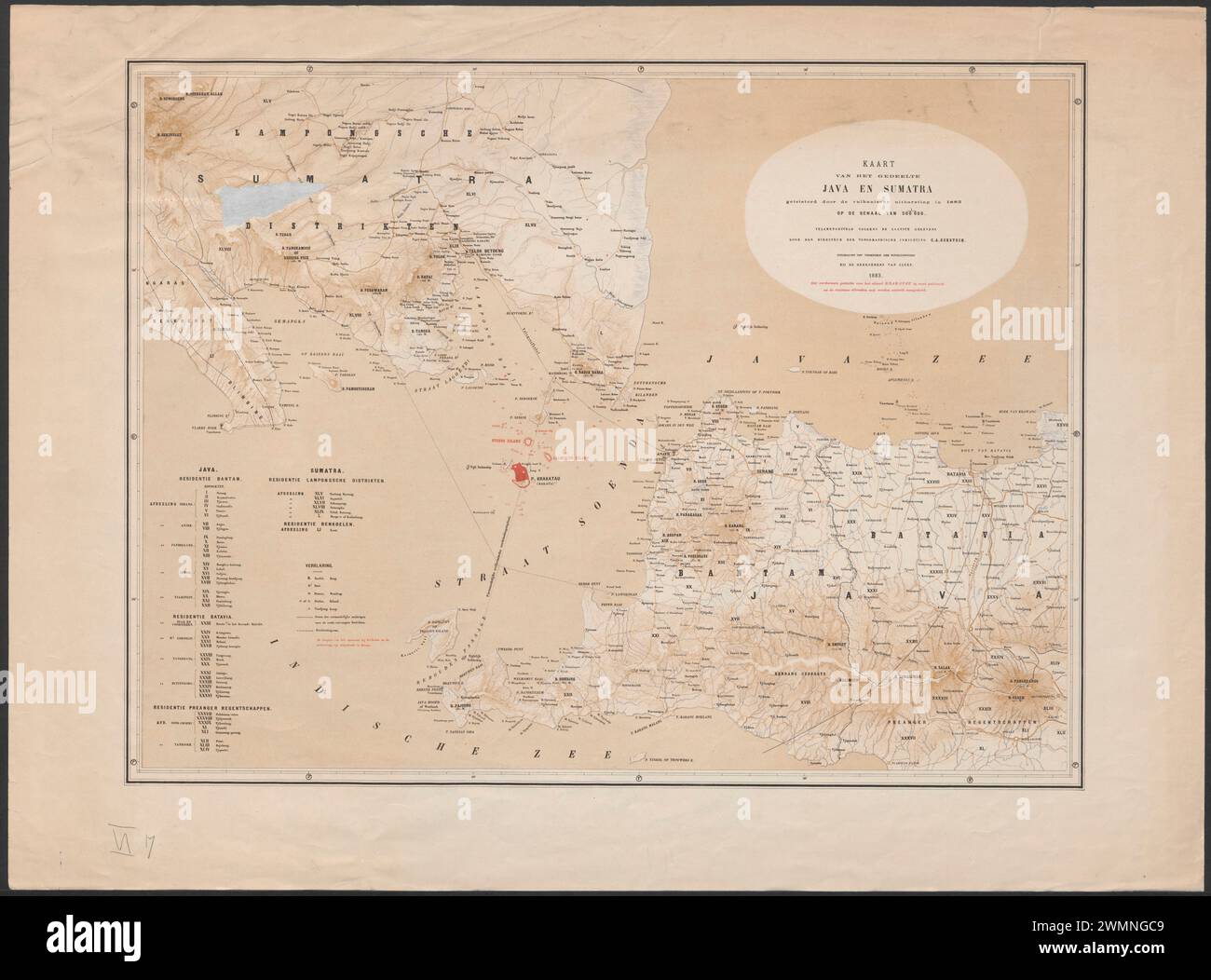 Indonésie carte de la partie de Java et Sumatra ravagée par l'éruption volcanique du Krakatau (Krakatoa, Cracatoa) 1883 Banque D'Images