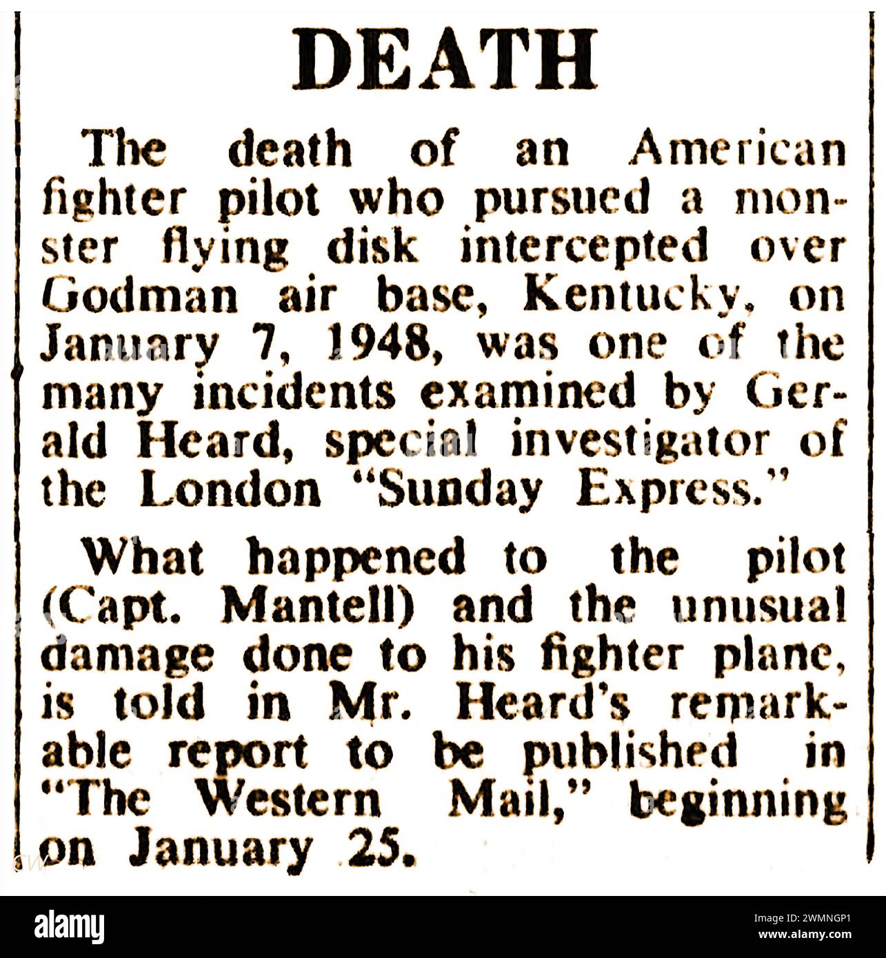 OVNI- pilote de chasse américain tué par une rencontre de soucoupe volante dans le Kentucky, USA en janvier 1948 à la base aérienne de Godman Banque D'Images