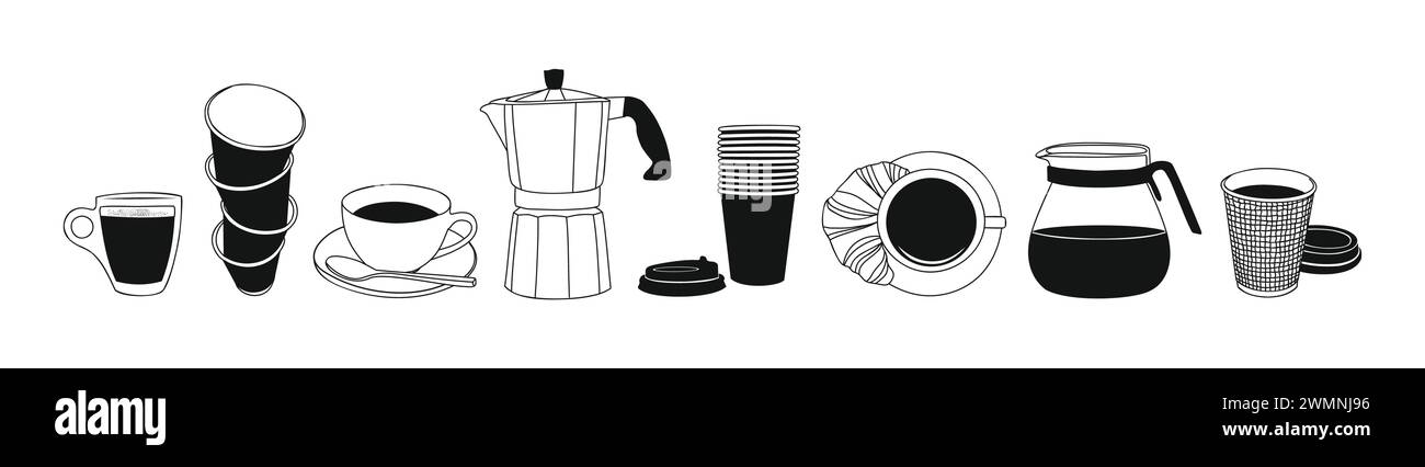 Ensemble de différents éléments de café dessin d'art de ligne. Illustration de Vecteur